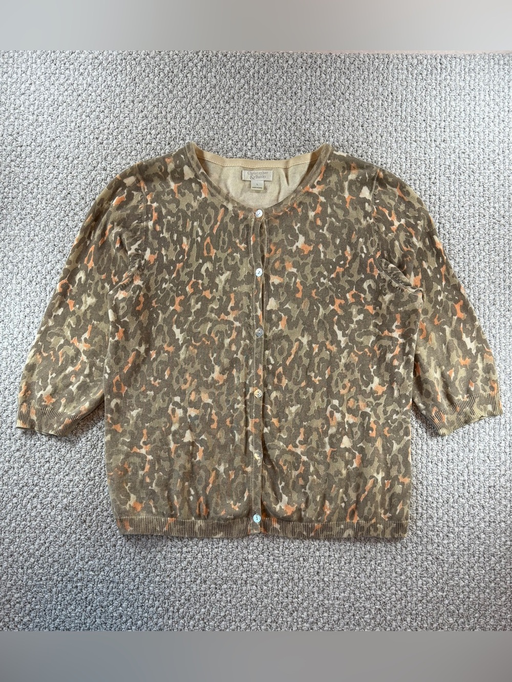 Christopher & Banks Women’s Tan Olive Orange leopard print Cardigan 3/4 Sleeves